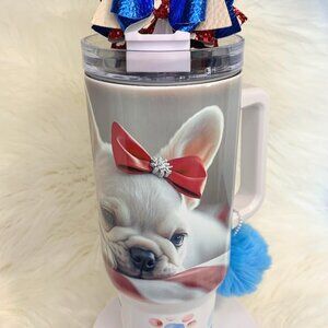 Adorable vibrant French Bulldog 40 oz insulated tumbler.